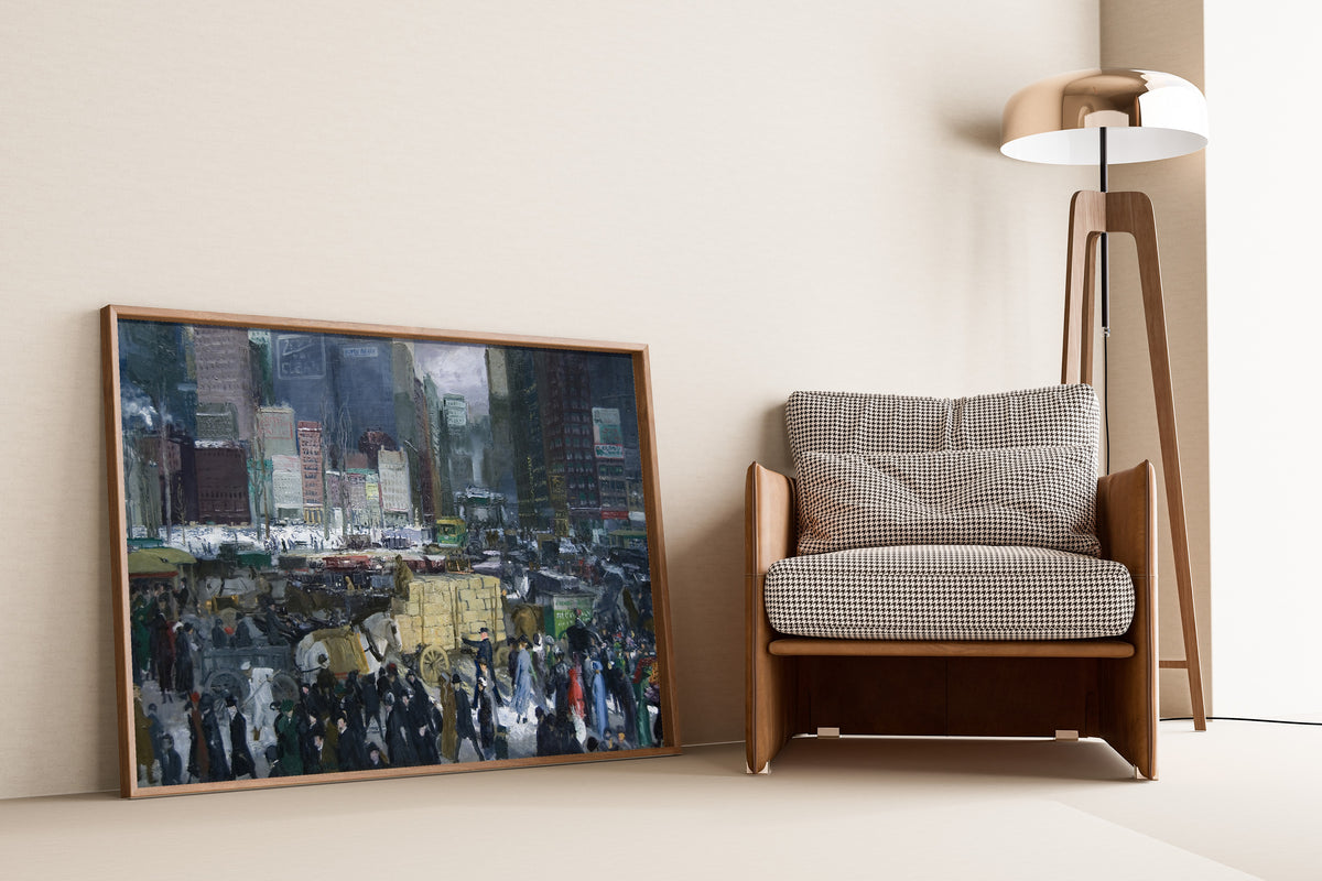 New York by George Bellows — framed and leaning against a wall beside an armchair and a floor lamp