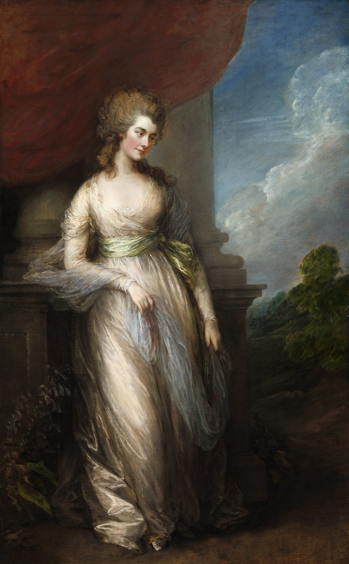 Georgiana, Duchess of Devonshire by Thomas Gainsborough — A woman in cream silk beside a stone plinth, a blue scarf at her arm