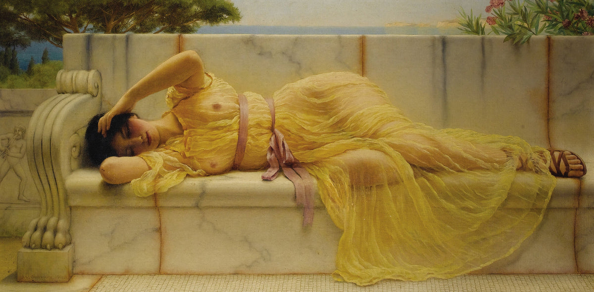 Girl in Yellow Drapery by John William Godward — A woman sleeps along a marble bench in sheer yellow drapery