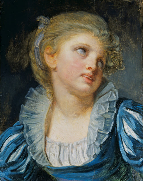 Girl in a Blue Dress by Jean-Baptiste Greuze — A fair-haired girl in a blue striped dress rolls her eyes upward
