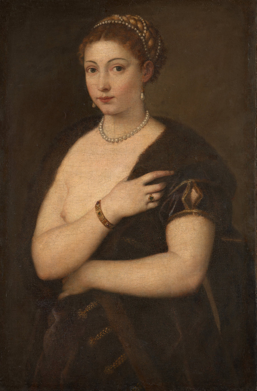 Titian — Girl in a Fur | Fine Art Print shown to scale on a wall above a sofa