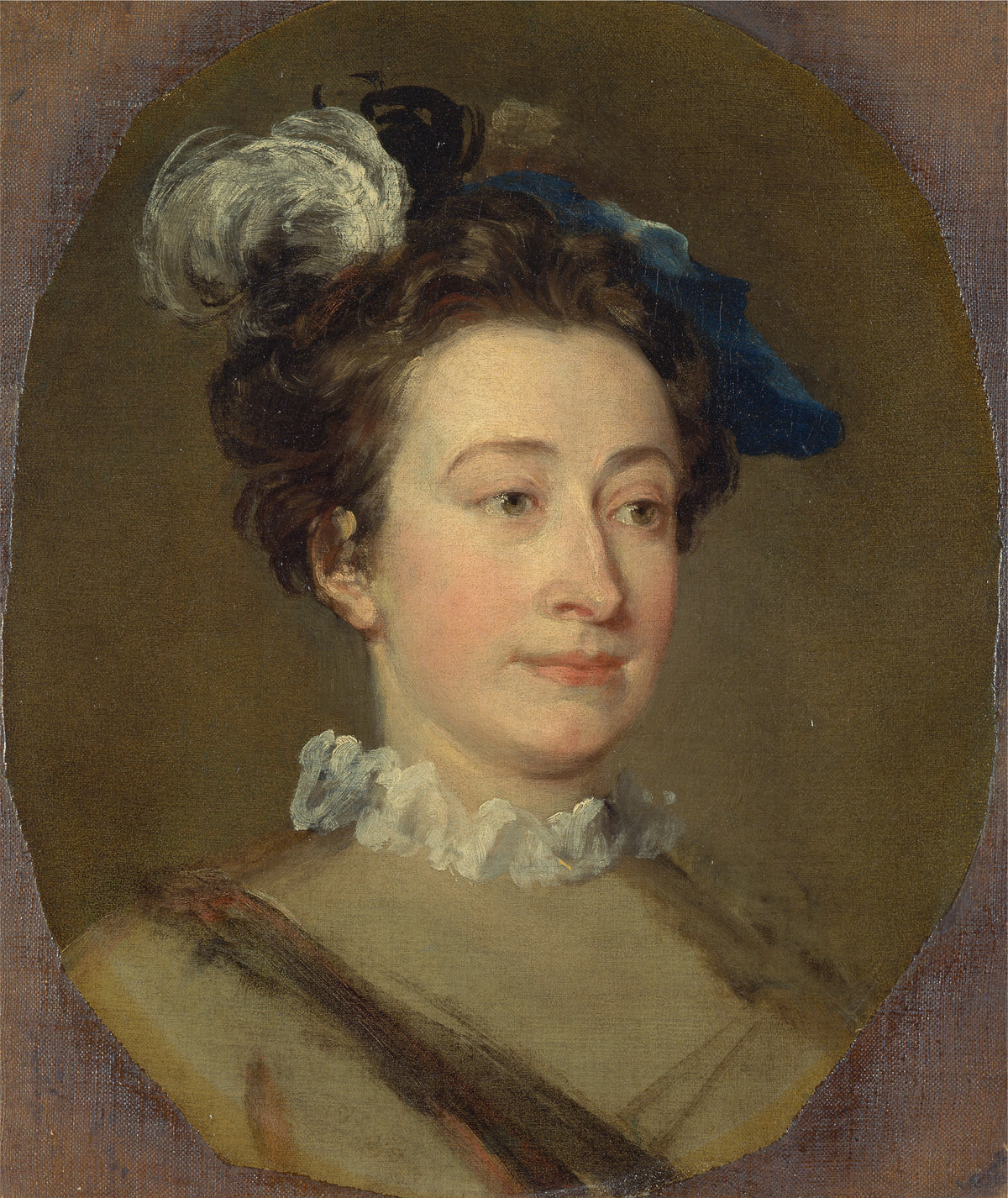 Girl in a Plumed Hat by William Hogarth — A smiling young woman in a feathered cap and ruffled collar