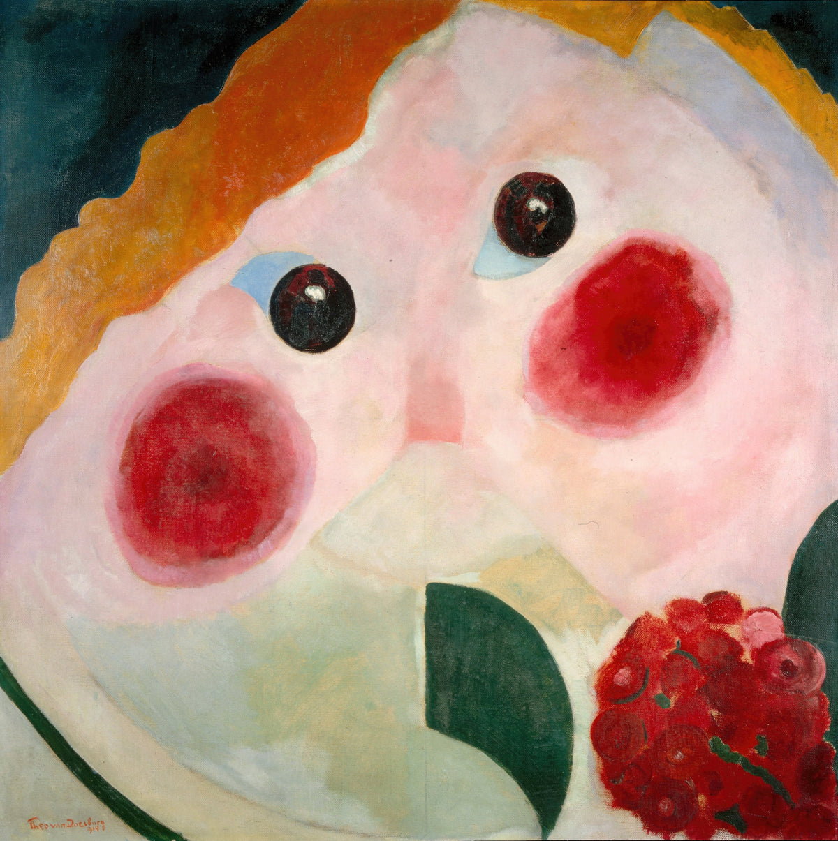 Girl with Buttercups by Theo van Doesburg — A tilted rosy face with round dark eyes beside clustered red blossoms