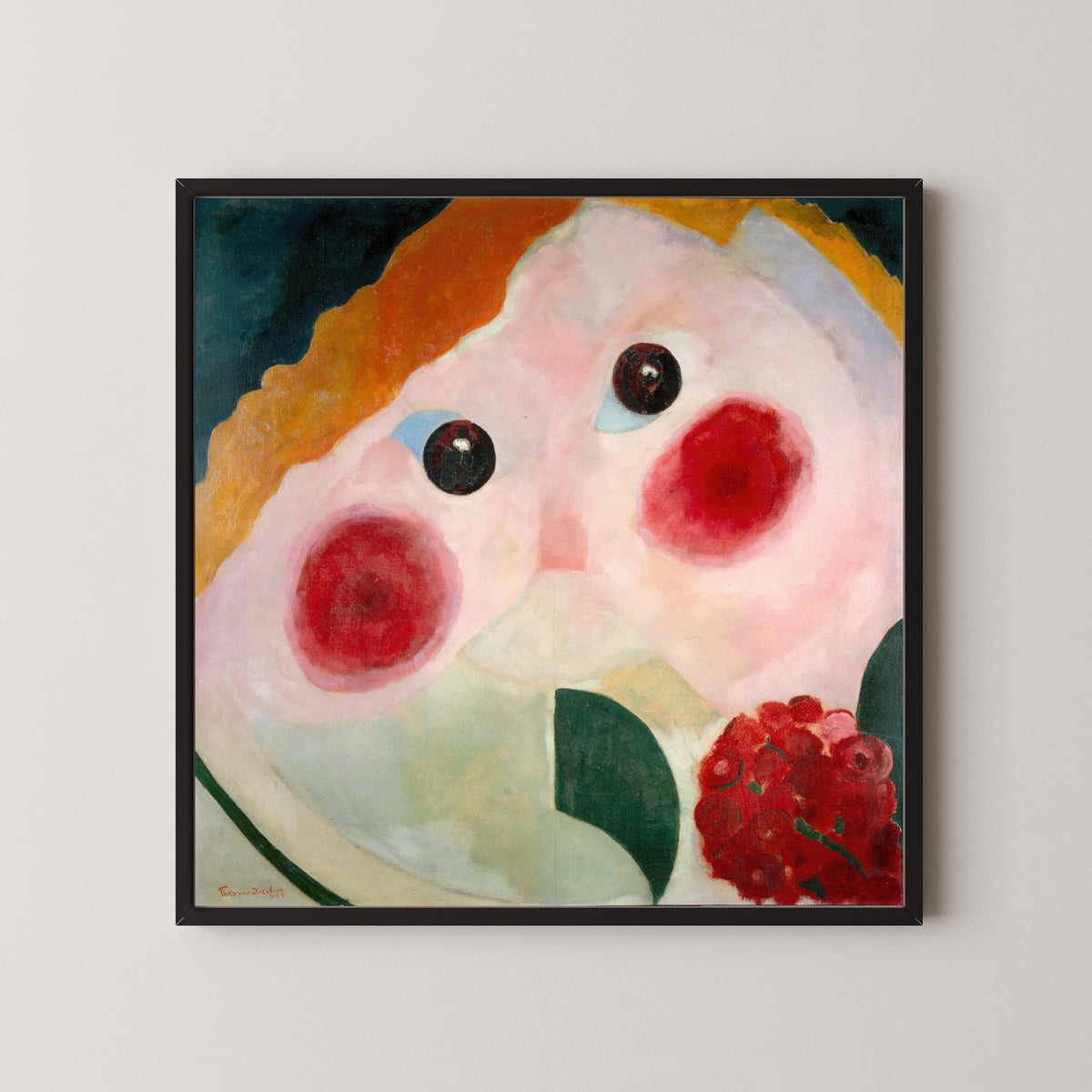 Framed art print of Girl with Buttercups by Theo van Doesburg, in a black frame on a pale wall