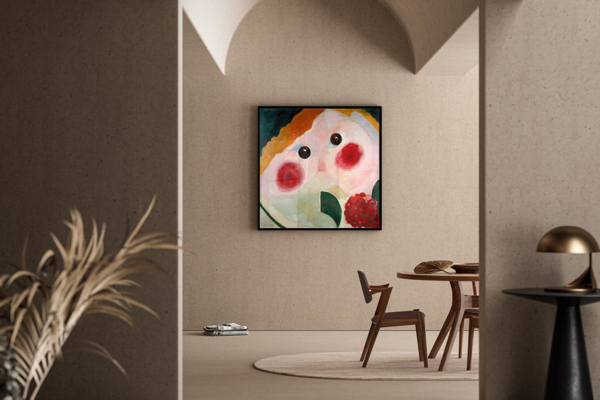 Framed art print of Girl with Buttercups by Theo van Doesburg, in a sunlit dining corner