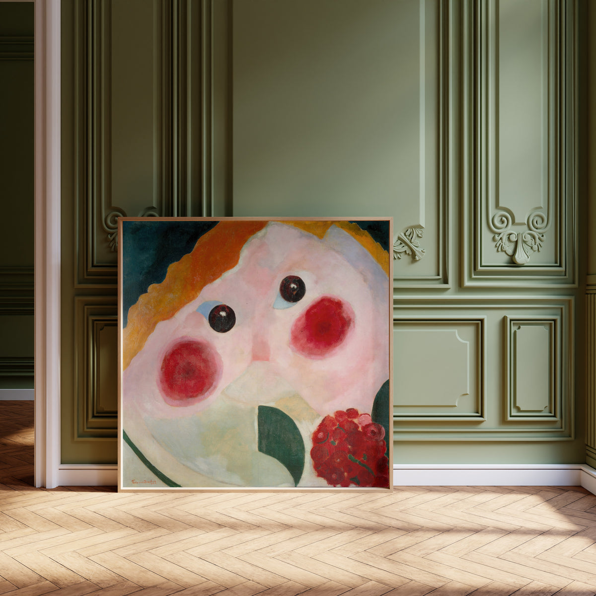 Framed art print of Girl with Buttercups by Theo van Doesburg, leaning against olive-green panelling on a herringbone floor