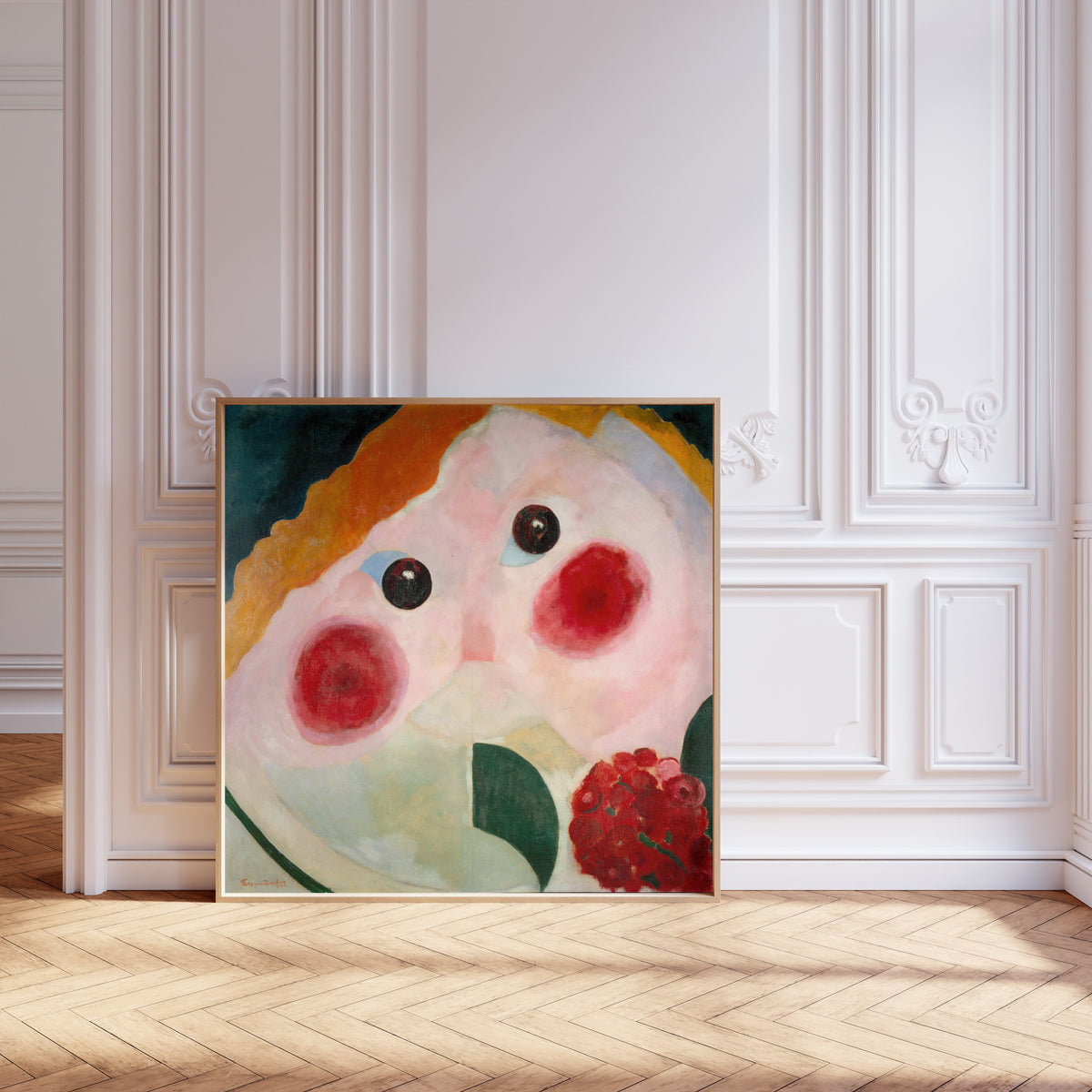 Framed art print of Girl with Buttercups by Theo van Doesburg, leaning against pale pink panelling on a herringbone floor