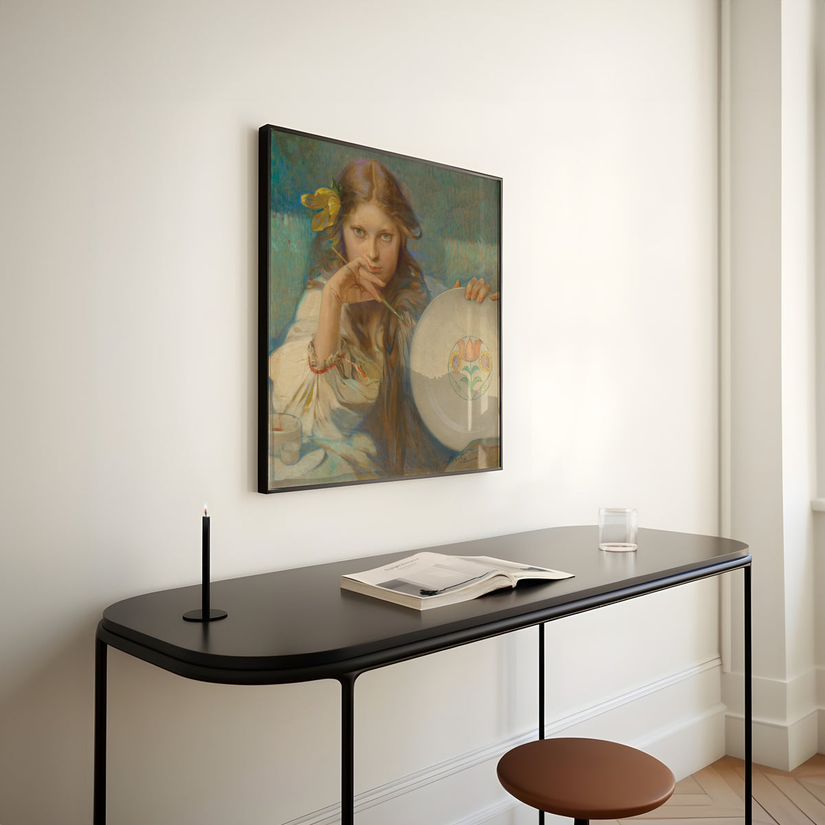 Framed art print of Girl with a Plate with a Folk Motif by Alphonse Mucha, above a slim black console table