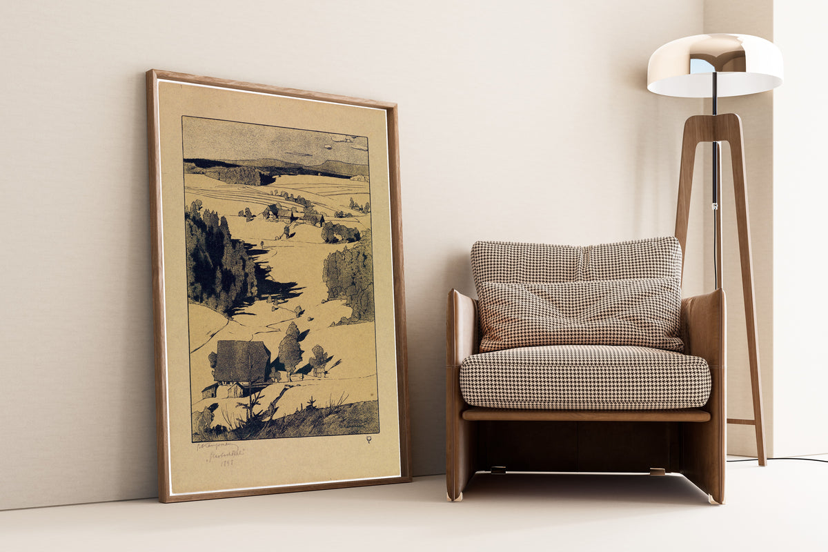Glasbachthal by Gustav Kampmann — framed and leaning against a wall beside an armchair and a floor lamp