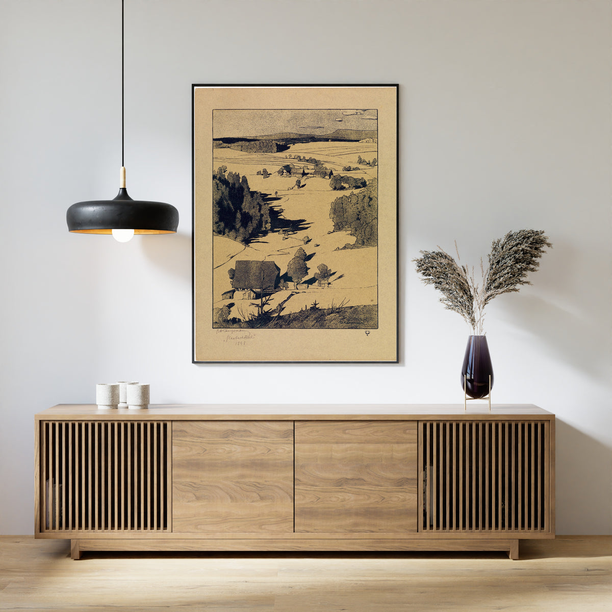 Glasbachthal by Gustav Kampmann — framed above a slatted wood sideboard
