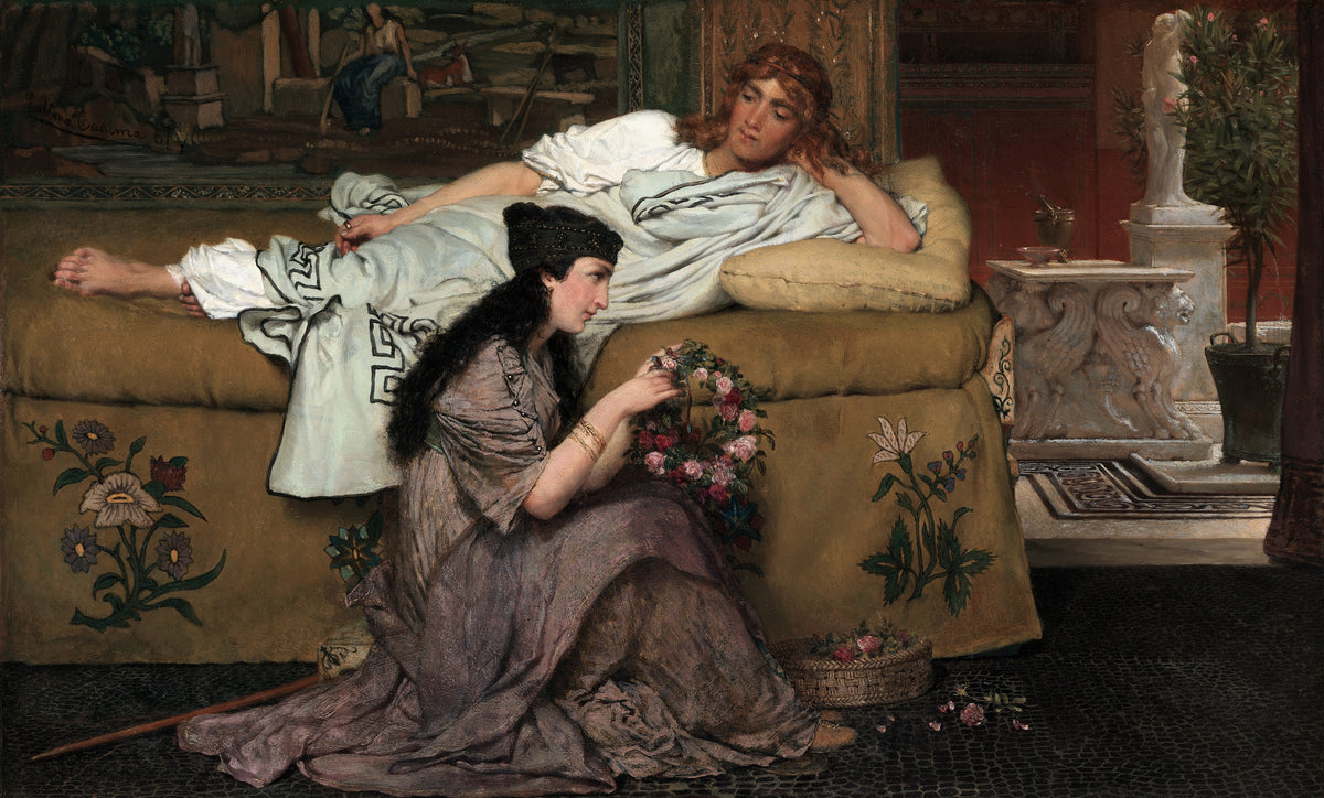 Glaucus and Nydia by Lawrence Alma-Tadema — A young woman weaves a rose garland beside a reclining Glaucus