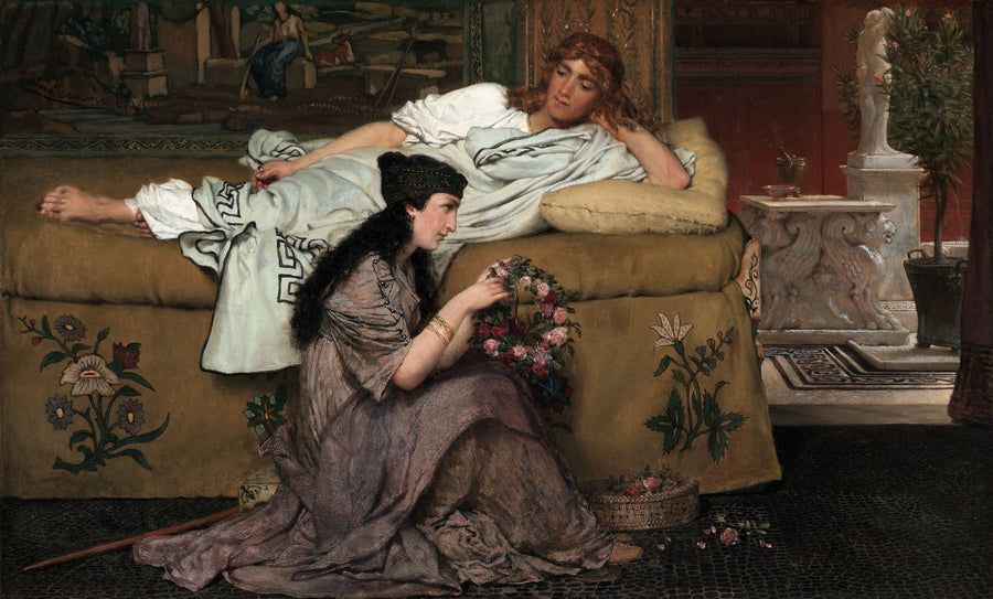Lawrence Alma-Tadema — Glaucus and Nydia | Art Print shown to scale on a wall above a sofa