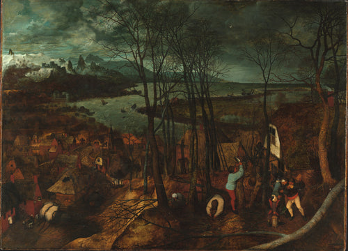 Gloomy Day (Early Spring) by Pieter Bruegel the Elder — Villagers cut and gather wood under a storm-dark sky
