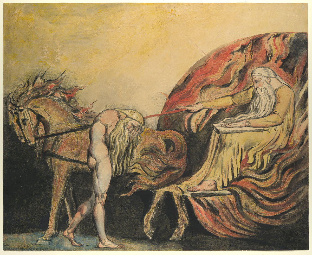 God Judging Adam by William Blake — A white-bearded God in a chariot of flame passes judgement on Adam