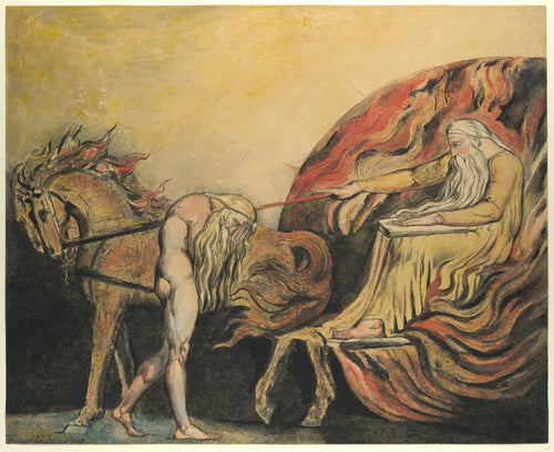 God Judging Adam by William Blake — A white-bearded God in a chariot of flame passes judgement on Adam