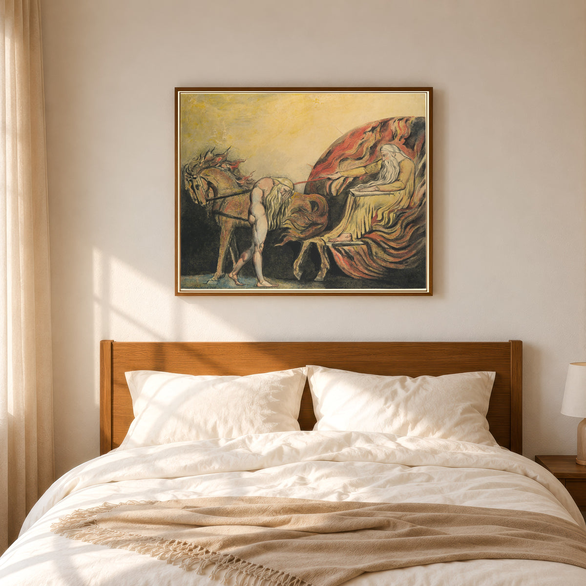 Framed art print of God Judging Adam by William Blake, in a slim wood frame above a bed in a sunlit bedroom