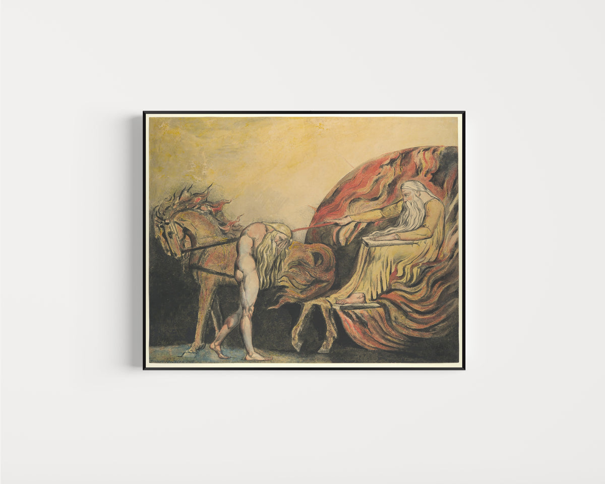 Framed art print of God Judging Adam by William Blake, in a slim black frame on a plain white wall