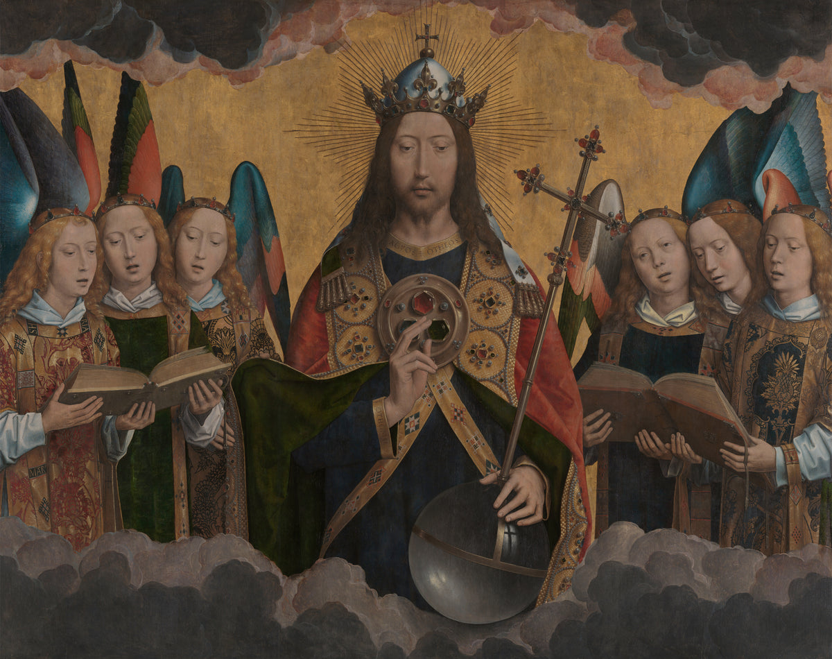 God the Father with Singing Angels by Hans Memling — God the Father crowned in gold, flanked by six singing angels