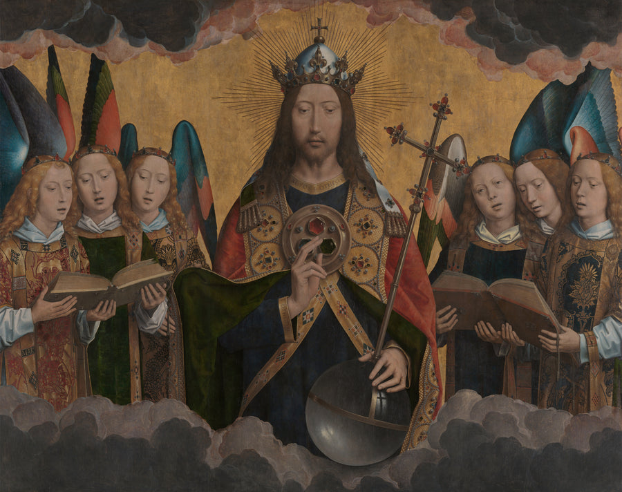 Hans Memling — God the Father with Singing Angels | Fine Art Print shown to scale on a wall above a sofa