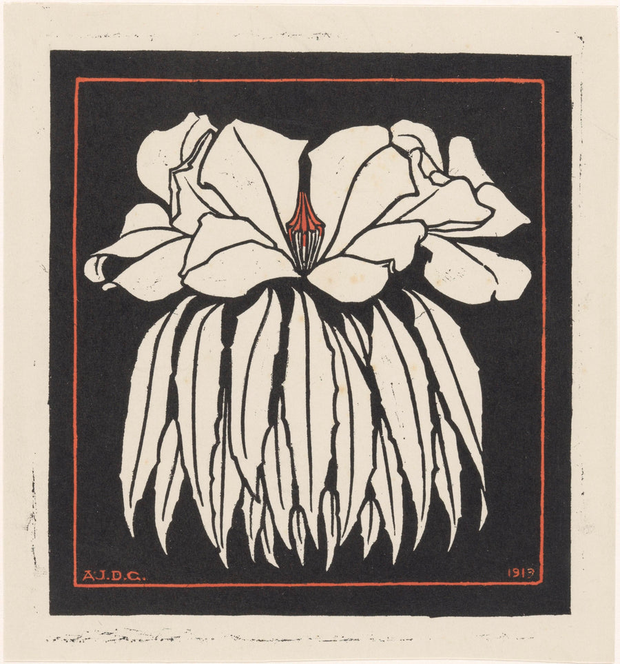 Julie de Graag — Godetia | Woodcut Print shown to scale on a wall above a sofa