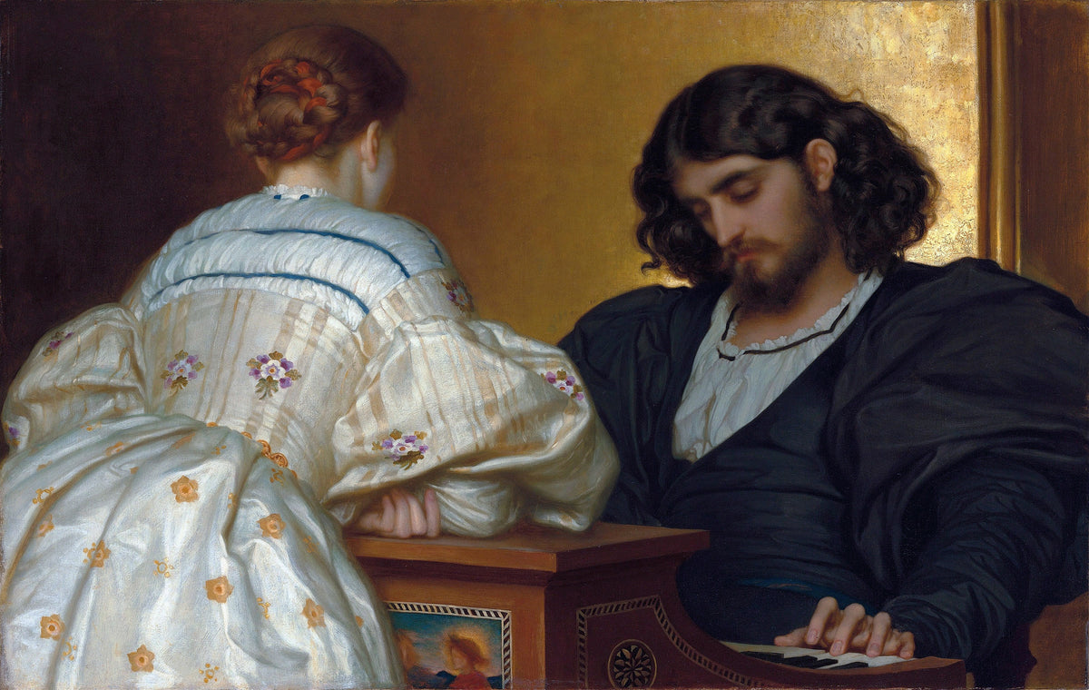 Golden Hours by Frederic Leighton — A young man plays a keyboard as a woman in white leans to listen