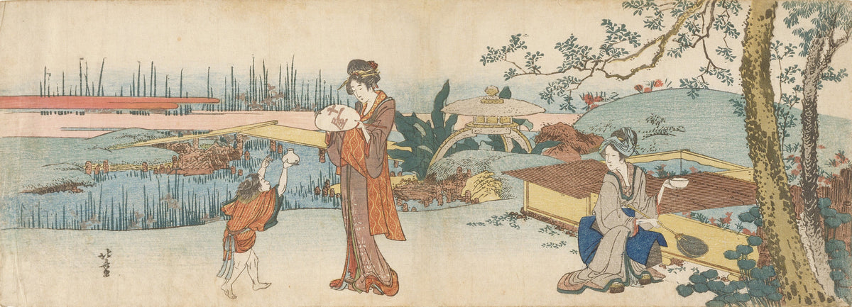 Goldfish Vendor by Katsushika Hokusai — Women and a child in a pond garden, a long-handled net by a tub