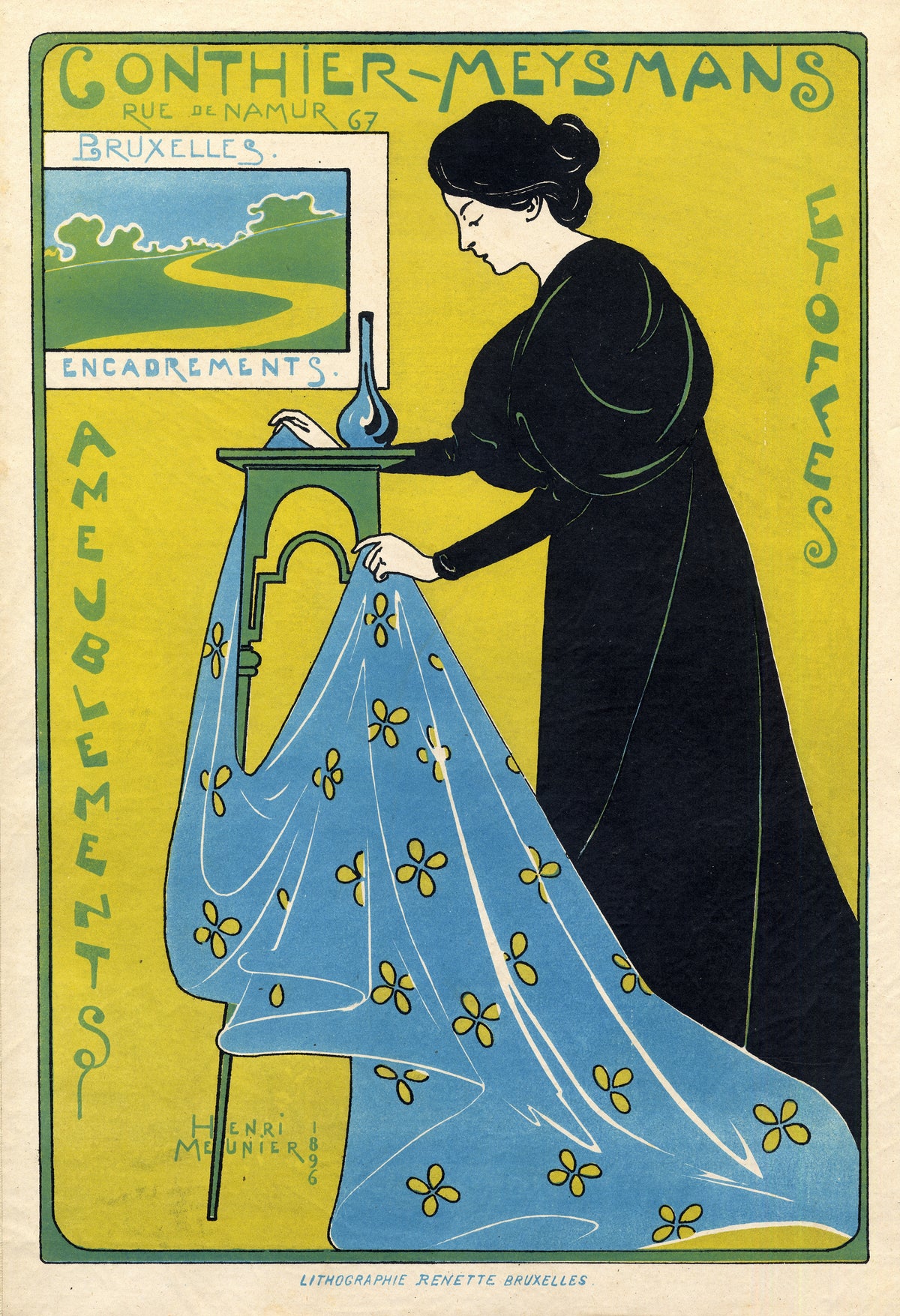 Gonthier-Meysmans, Rue de Namur 67, Bruxelles by Henri Meunier — A woman in black lifts a blue floral drape beside a small table