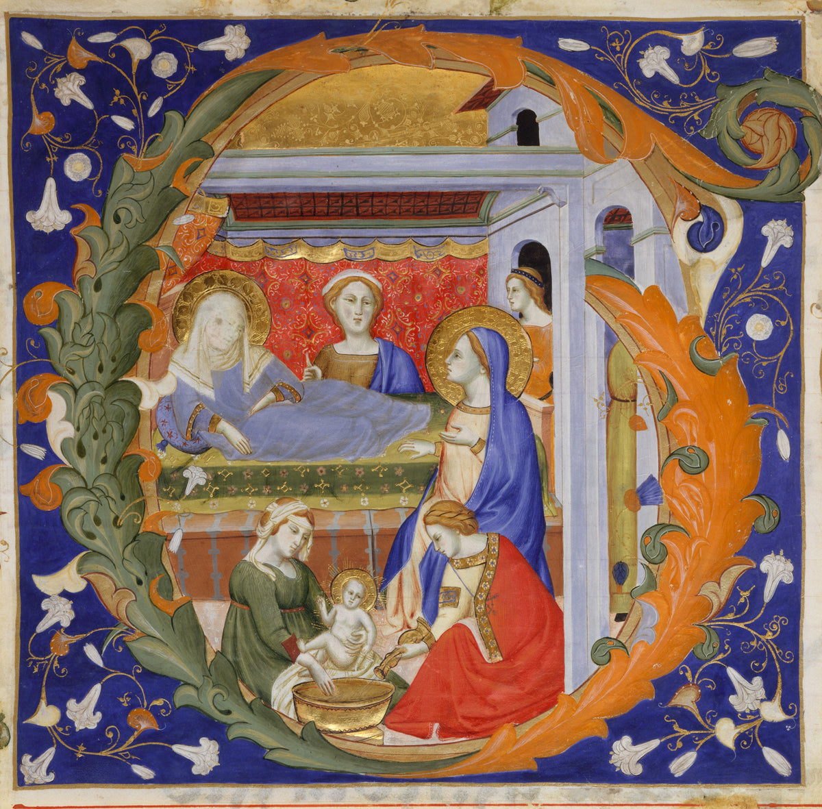 Gradual: The Birth of the Virgin in an Initial G by Don Silvestro de' Gherarducci — Women bathe a haloed newborn in a gold basin inside a letter G