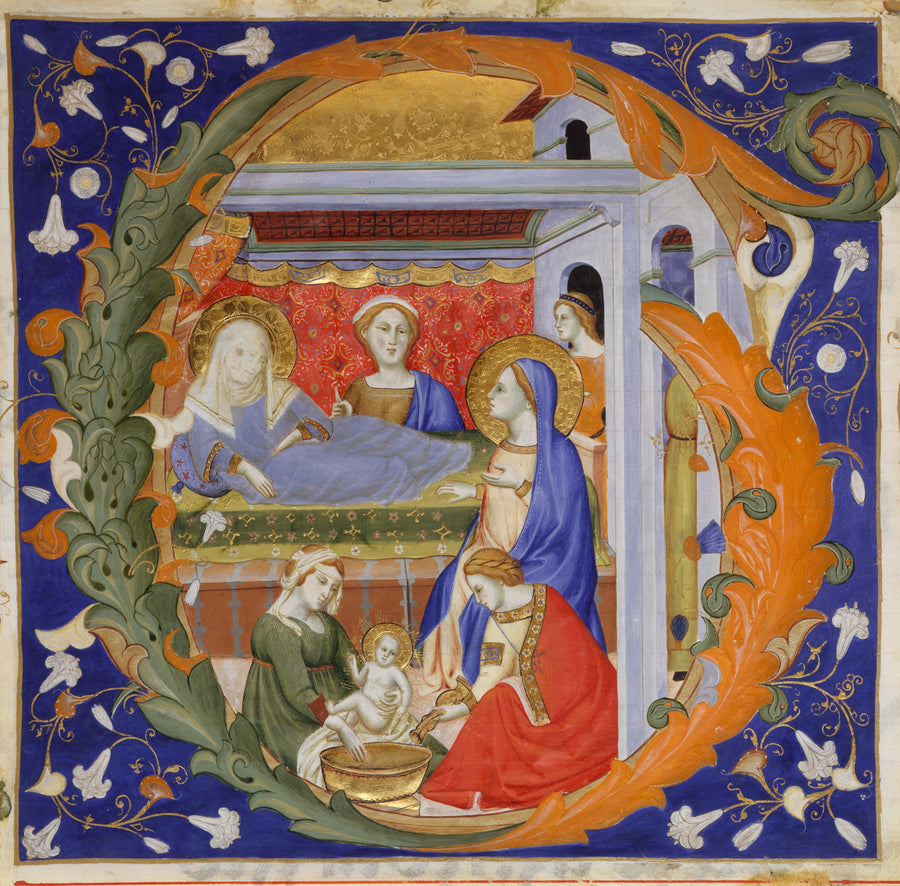 Don Silvestro de' Gherarducci — Gradual: The Birth of the Virgin in an Initial G | Illuminated Initial Print shown to scale on a wall above a sofa
