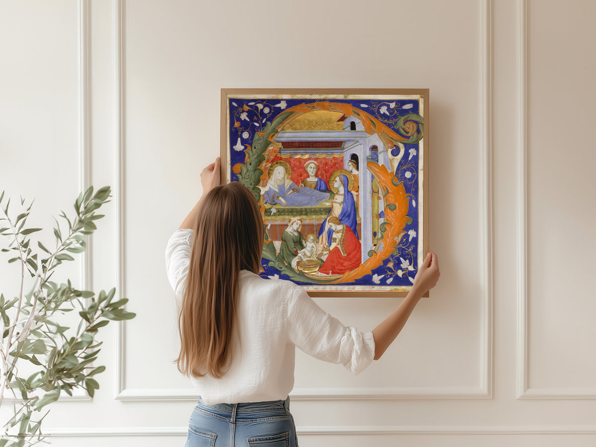 Framed art print of Gradual: The Birth of the Virgin in an Initial G by Don Silvestro de' Gherarducci, hung on a panelled wall