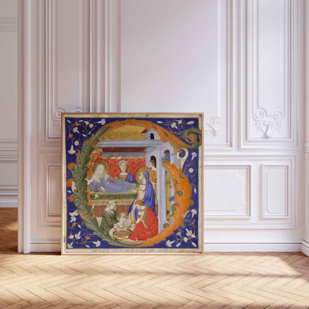 Framed art print of Gradual: The Birth of the Virgin in an… by Don Silvestro de' Gherarducci, leaning against pale pink panelling on a herringbone floor