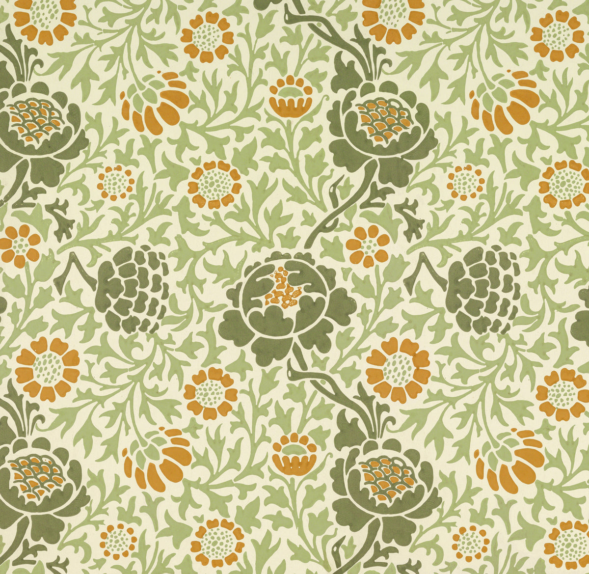 Grafton by William Morris — Dark green blooms and orange flowers among pale curling leaves