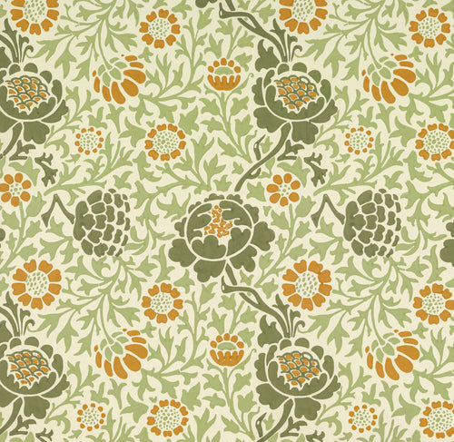 Grafton by William Morris — Dark green blooms and orange flowers among pale curling leaves