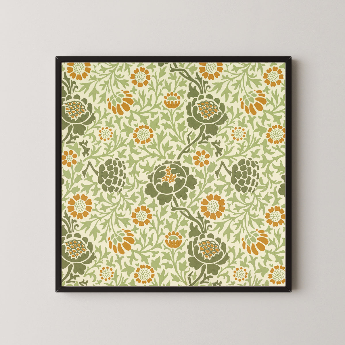 Framed art print of Grafton by William Morris, in a black frame on a pale wall