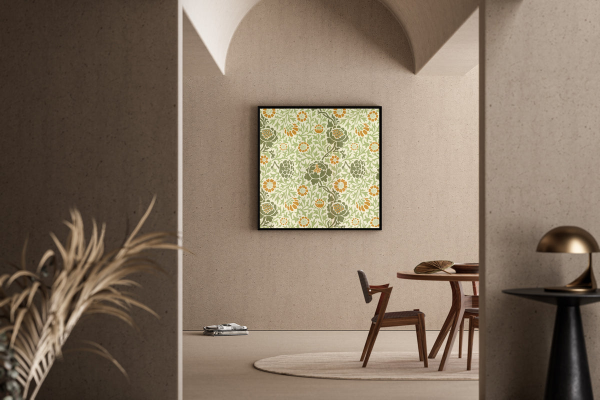 Framed art print of Grafton by William Morris, in a sunlit dining corner