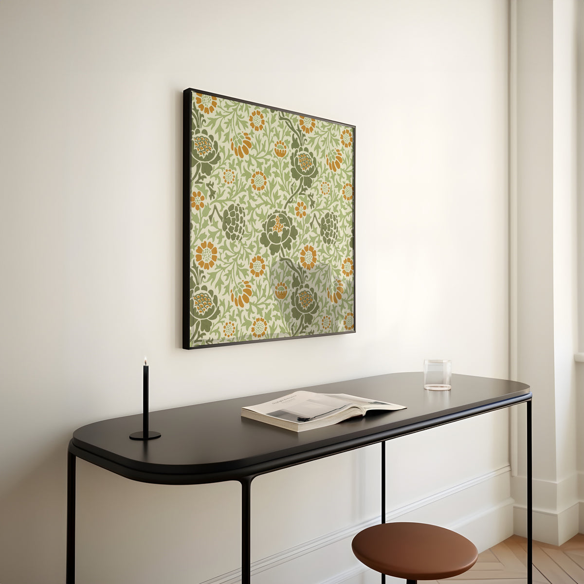 Framed art print of Grafton by William Morris, above a slim black console table