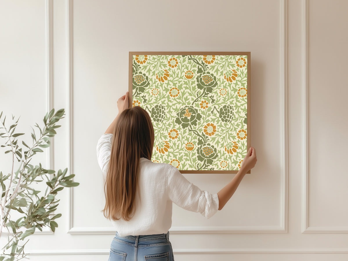 Framed art print of Grafton by William Morris, hung on a panelled wall