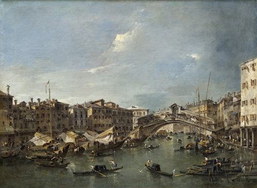 Grand Canal with the Rialto Bridge, Venice by Francesco Guardi — A single-arched bridge over a canal busy with gondolas