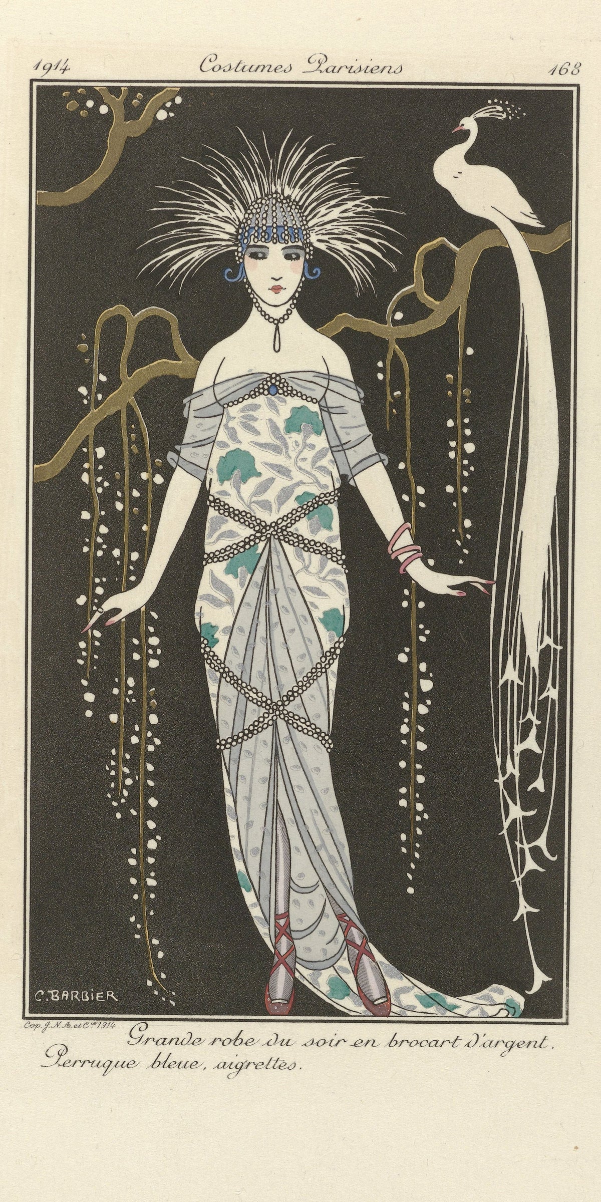 George Barbier — Grande robe du soir en brocart d'argent [Silver brocade evening gown] | Art Deco Fashion Print