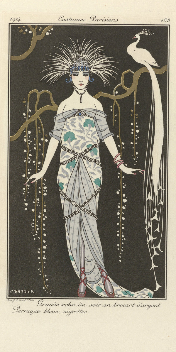 George Barbier — Grande robe du soir en brocart d'argent [Silver brocade evening gown] | Art Deco Fashion Print