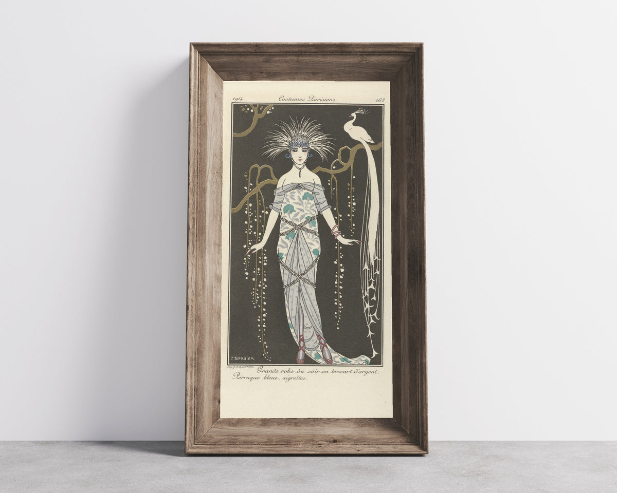 George Barbier — Grande robe du soir en brocart d'argent [Silver brocade evening gown] | Art Deco Fashion Print
