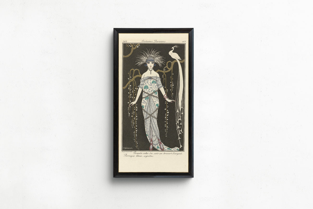George Barbier — Grande robe du soir en brocart d'argent [Silver brocade evening gown] | Art Deco Fashion Print
