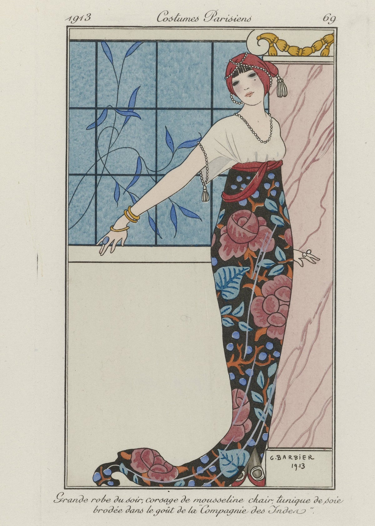 George Barbier — Grande robe du soir, tunique de soie brodée [Evening gown with embroidered silk tunic] | Art Deco Fashion Print