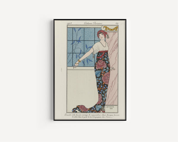 George Barbier — Grande robe du soir, tunique de soie brodée [Evening gown with embroidered silk tunic] | Art Deco Fashion Print