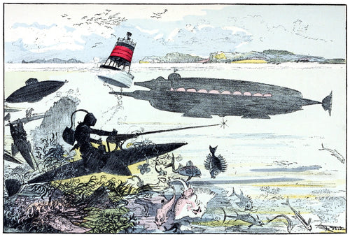 Monitor sous-marin surpris par les torpédistes by Albert Robida — A helmeted diver on a torpedo craft takes aim at a giant submarine