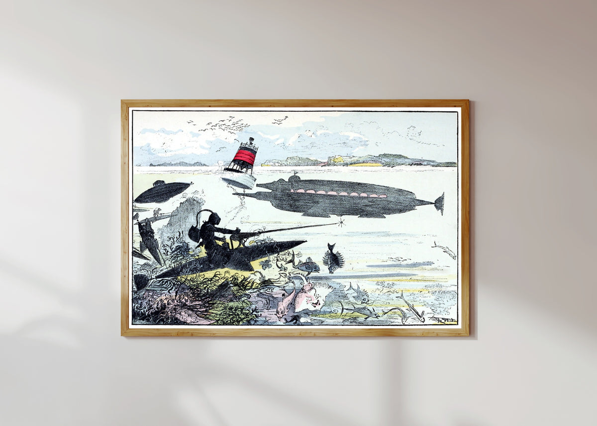 Framed art print of Monitor sous-marin surpris par les torpédistes by Albert Robida, in a light wood frame on a sunlit white wall