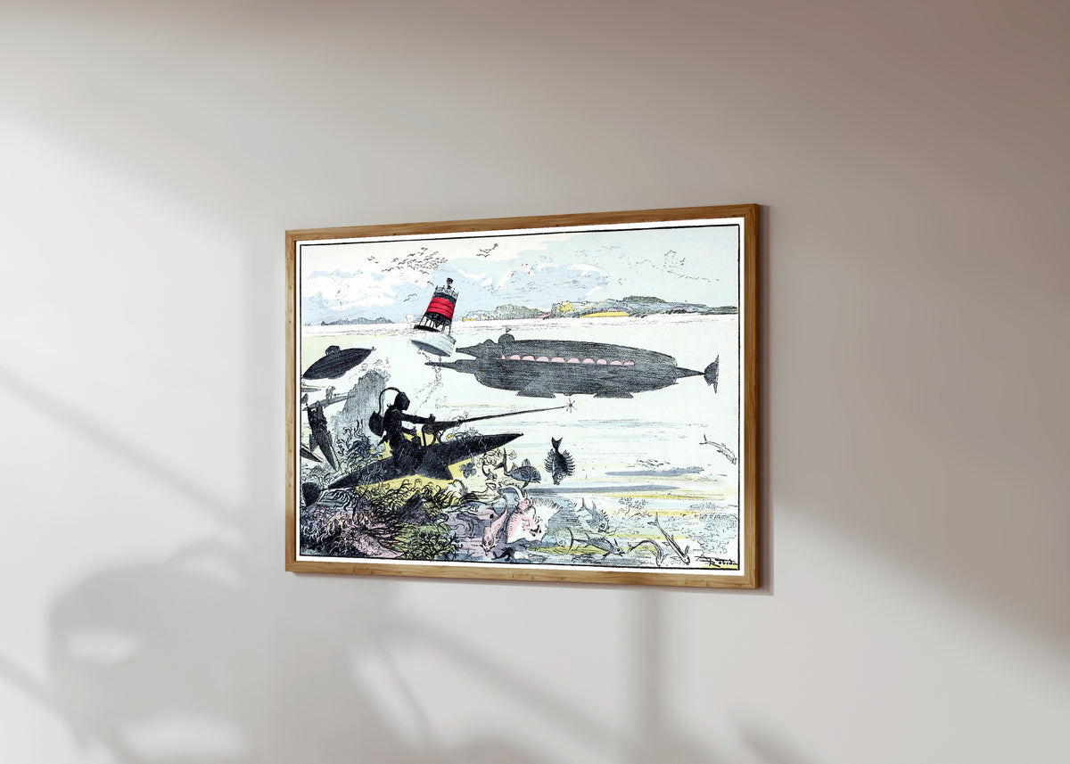 Framed art print of Monitor sous-marin surpris par les torpédistes by Albert Robida, in a light wood frame on a sunlit white wall, seen at a slight angle