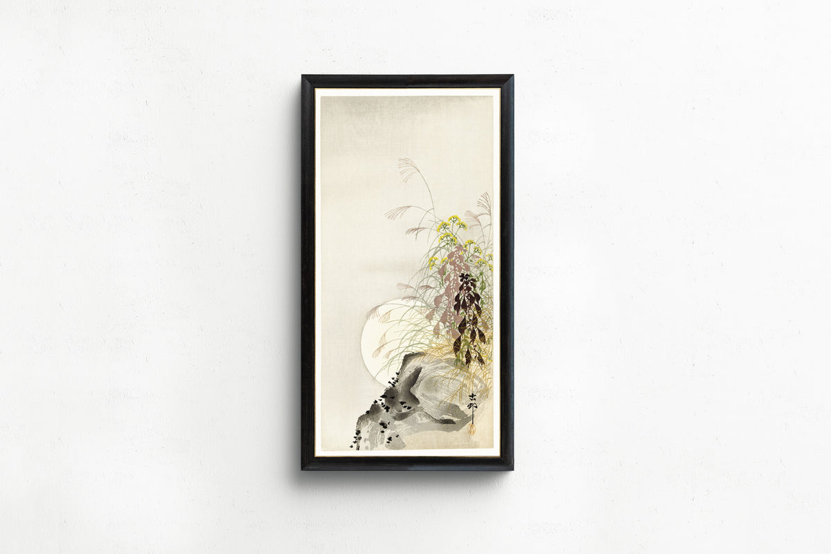 Ohara Koson — Grass and Full Moon | Japanese Bird & Flower Woodblock Print