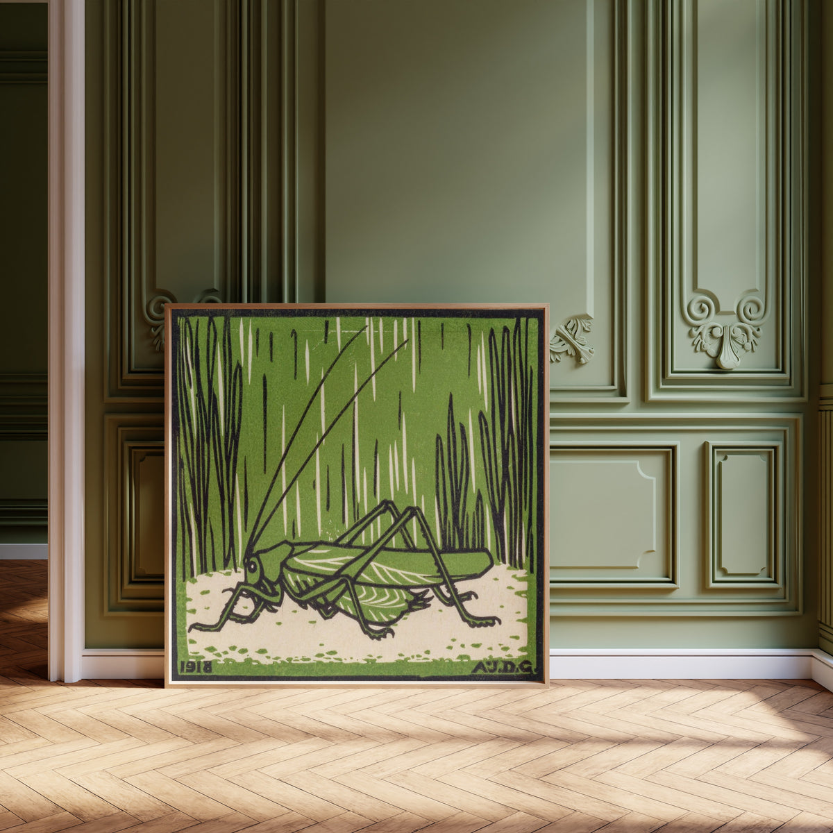 Julie de Graag — Grasshopper in Grass | Woodcut Print