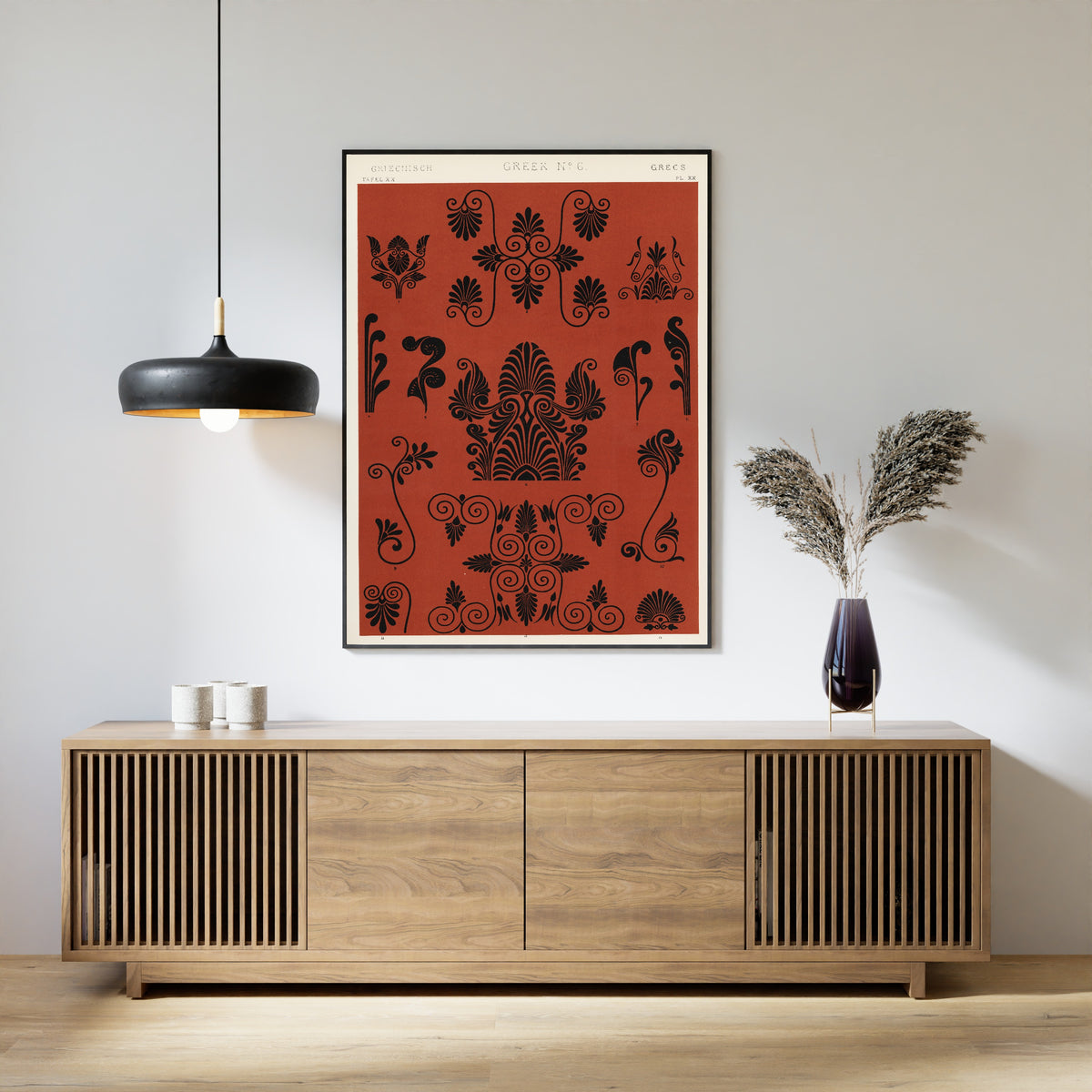 Greek No. 6 by Owen Jones — framed above a slatted wood sideboard